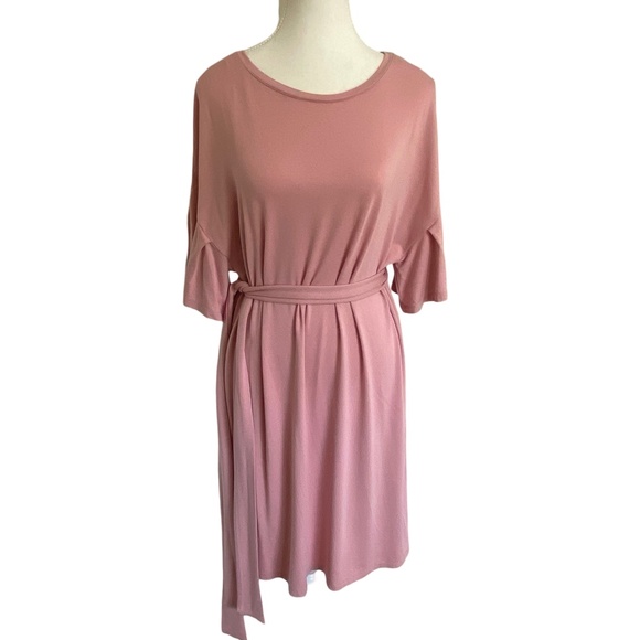 Pink Dusty Rose Soft Jersey Stretch Ruffled drop sleeve midi dress. Sz M - Picture 1 of 12